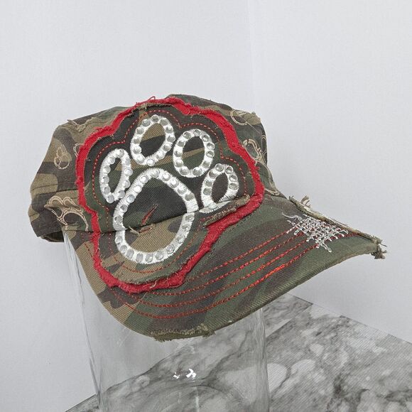 Camo Cap Paw Print Embellished Distressed Sparkle hat Cadet Adjustable Dog Paw - Picture 1 of 7
